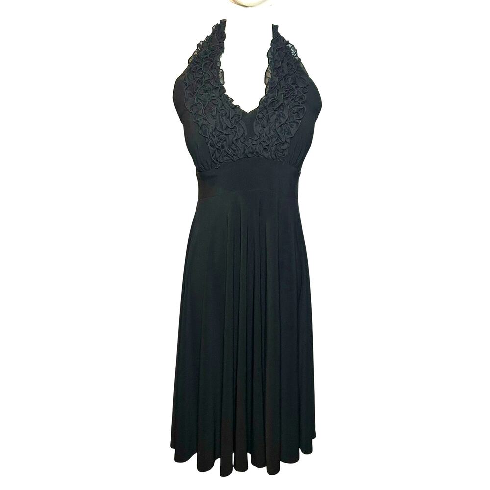 Blu Sage Black Halter Midi Dress 6 Lace Ruffle Cocktail Wedding Guest Party Boho